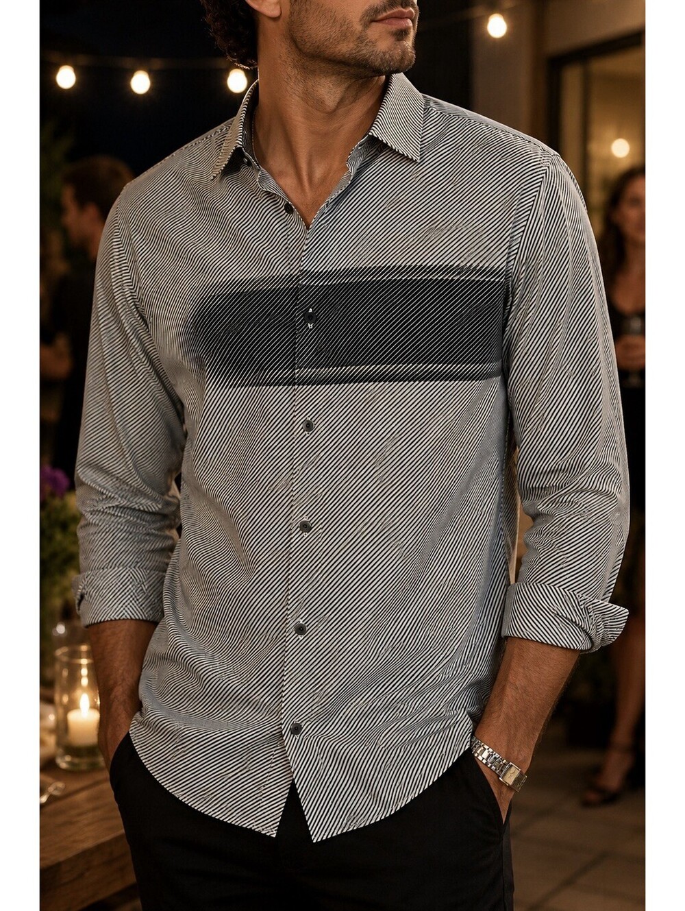 NWOT Alfani Men’s Button-Up Shirt Black White Cotton Striped Size XL FREE SHIP